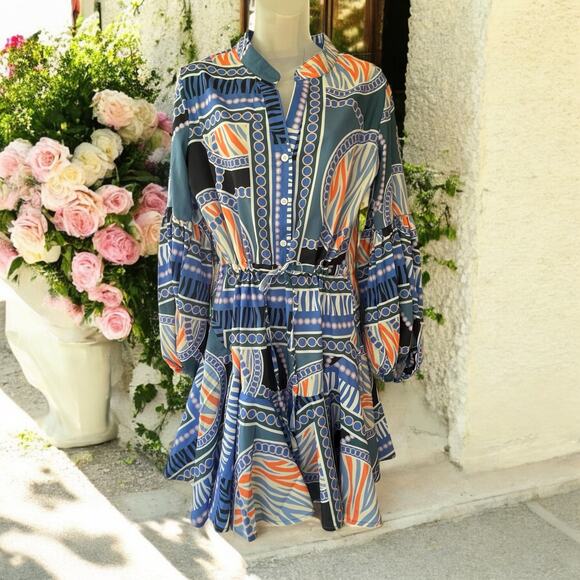 Boutique Printed Balloon Sleeve Coastal Dress Tie Waist Mini Flare Size Small - Picture 2 of 13